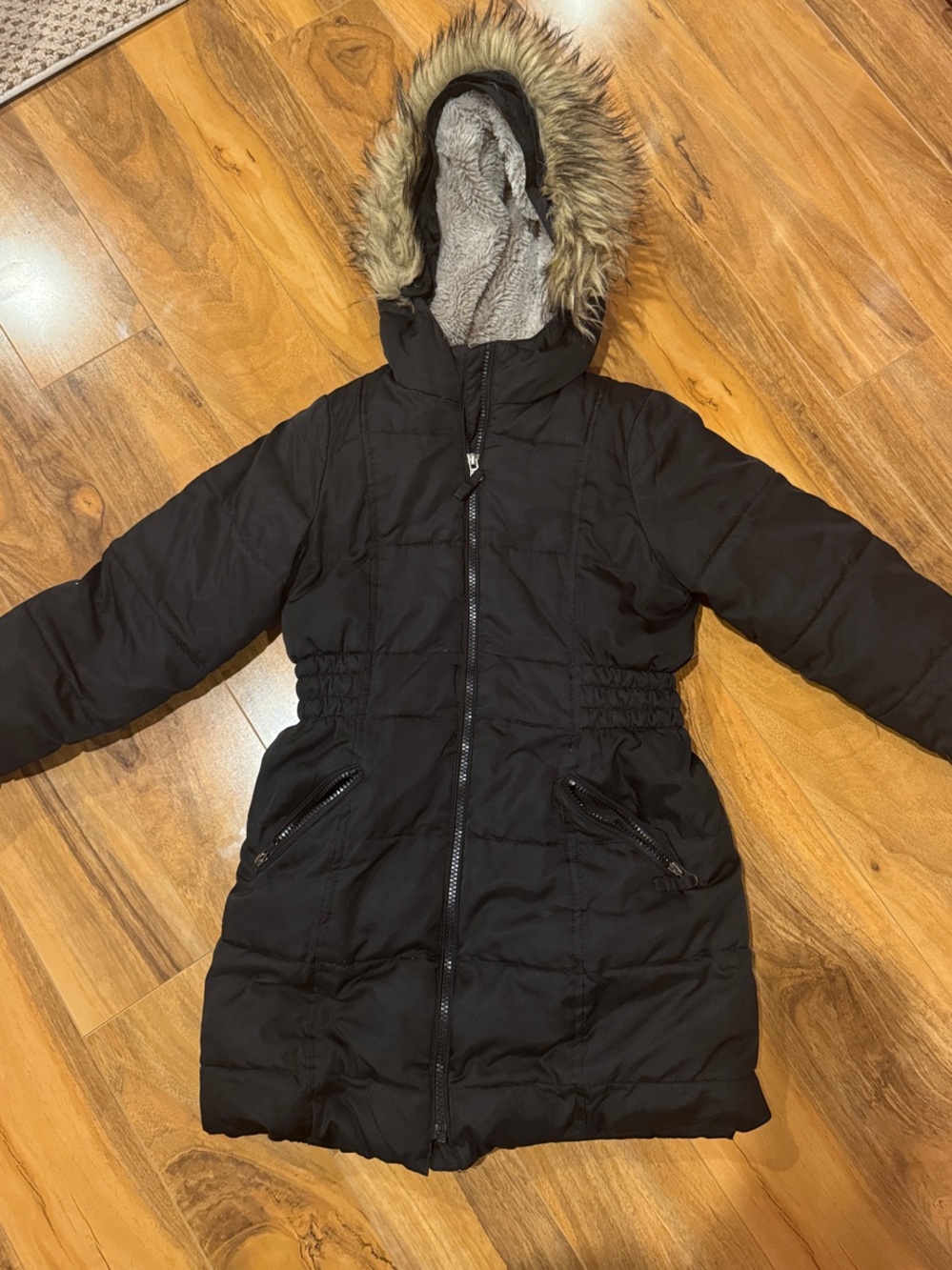 Lands' End Girls' Black Quilted Puffer Coat with Faux-Fur Trim Hood